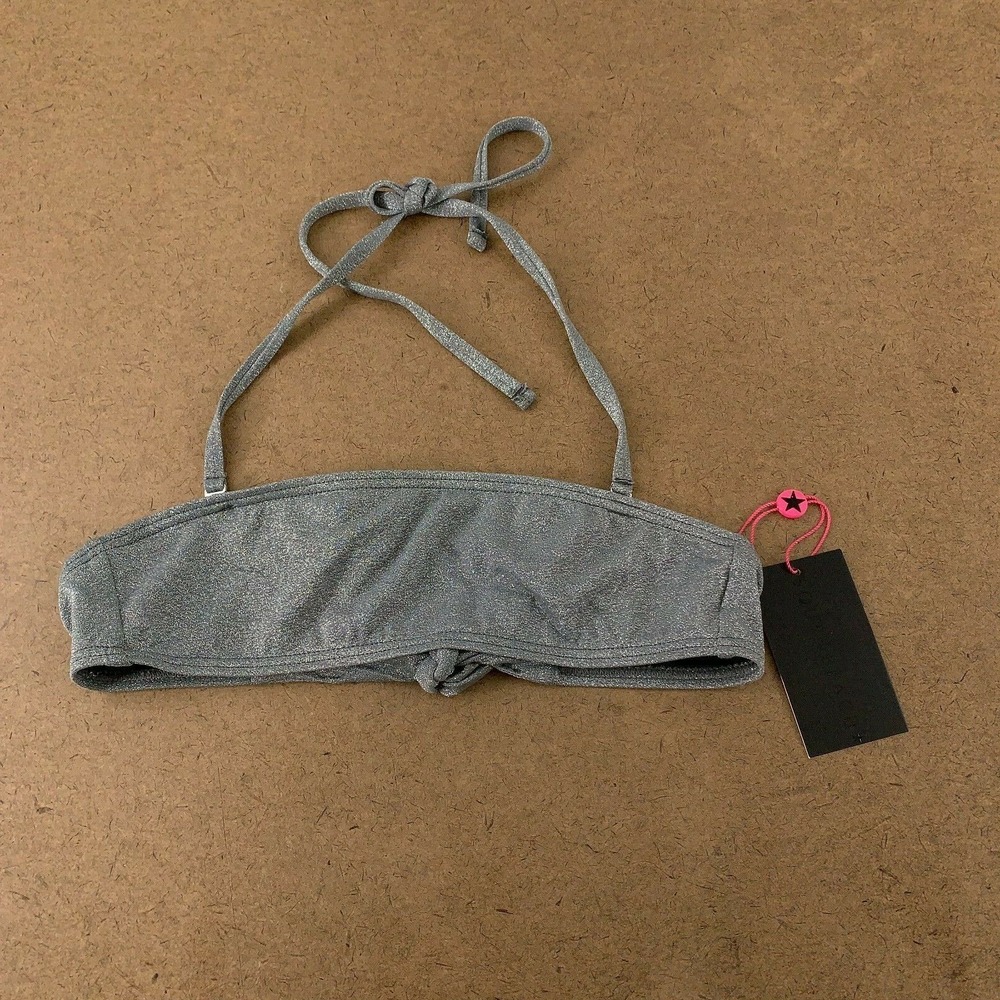 South Beach Women's Size 2 Silver Glitter Tie Up Crop Multiway Bikini Top NWT